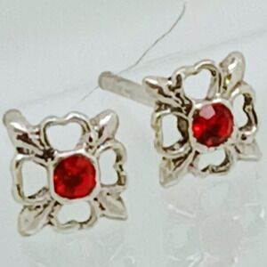 Sterling Silver Red Crystal Rhinestone Filigree Stud Earrings Vintage Jewelry